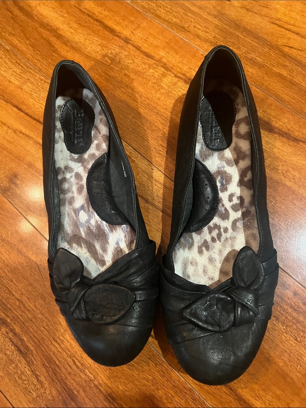 Born Black Leather Ballet Flats with Bow Detail